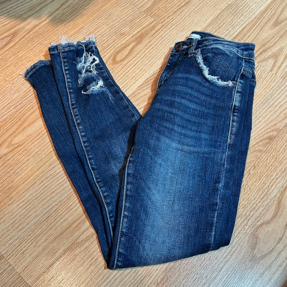 Kancan Womens Distressed Dark Wash Skinny Jeans Frayed Hem Size 25